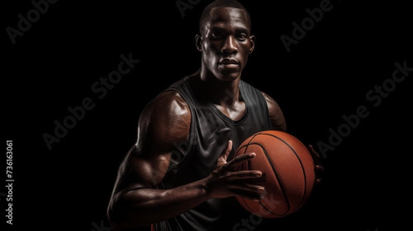 Fototapeta Portrait of a determined male basketball player with ball, featuring dynamic lighting and an intense competitive look.