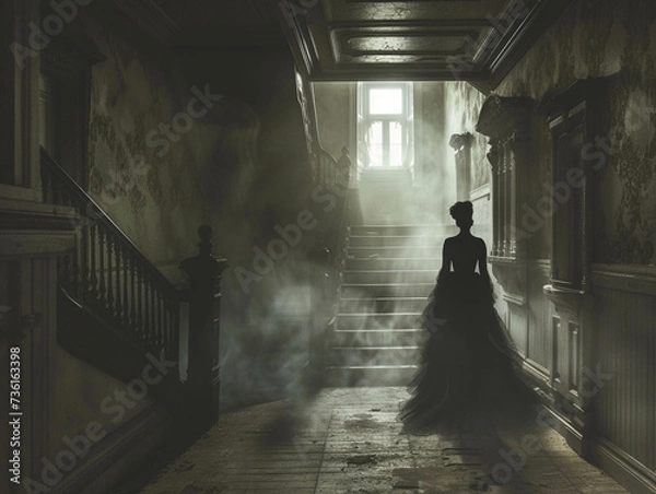 Fototapeta The ghost of a Victorian lady wandering the halls of an old English manor her silhouette barely visible in the moonlight a timeless tale of love and loss