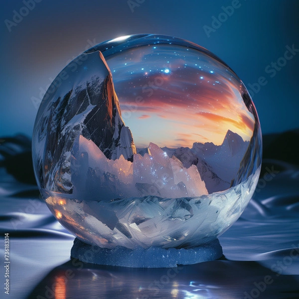 Fototapeta The circle is white like a crystal ball and has a diamond ring light on top. Floating above the surface of the water in a dark atmosphere, global warming effect to ice berg by generative AI.