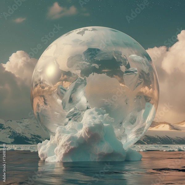 Fototapeta The circle is white like a crystal ball and has a diamond ring light on top. Floating above the surface of the water in a dark atmosphere, global warming effect to ice berg by generative AI.