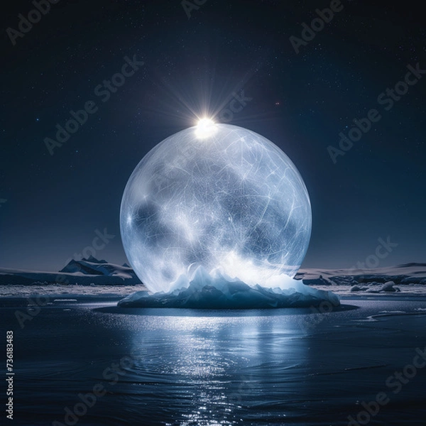 Fototapeta The circle is white like a crystal ball and has a diamond ring light on top. Floating above the surface of the water in a dark atmosphere, global warming effect to ice berg by generative AI.
