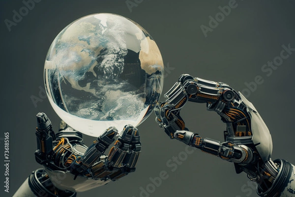 Fototapeta robotic arms holding crystal world, artificial intelligence development revolution by generative AI.