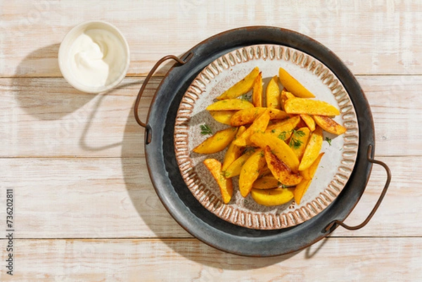 Fototapeta Delicious baked potatoes with herbs and sauce. Top view, wooden background.