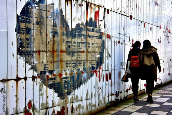Obraz Love. Two people walk side by side, past a large heart graffiti on a wall, capturing a moment of companionship and the enduring presence of love and hope in urban life