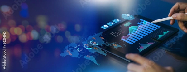 Fototapeta Data analysis of digital financial technology business and economic statistics growth graph. Concept of virtual dashboard technology digital marketing and global economy network connection.