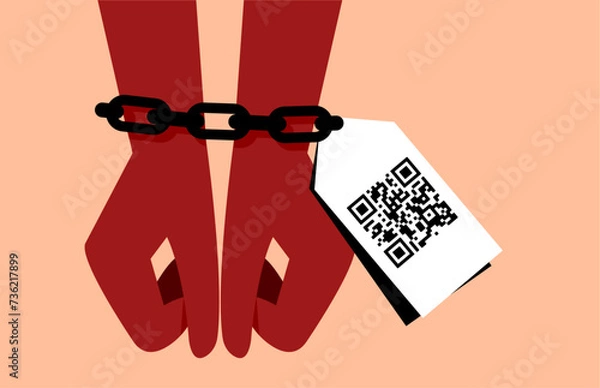 Fototapeta Human trafficking and hand chained with android barcode tag illustration