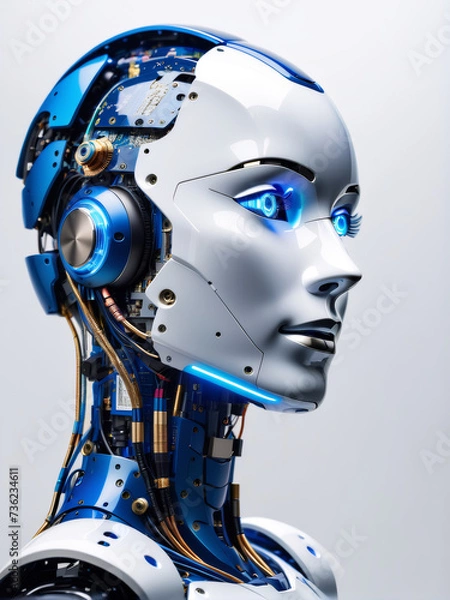 Fototapeta A humanoid robot's profile reveals intricate blue circuitry within its head, showcasing advanced artificial intelligence.