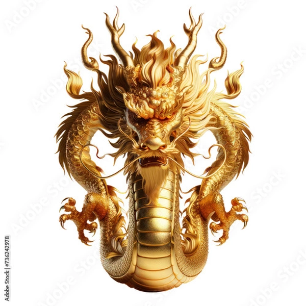 Fototapeta Zodiac gold dragon from a front camera angle,Zodiac 3D illustration, isolated on a transparent background.