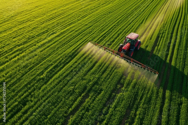 Obraz Red tractor making agrochemical treatment in the field, aerial view
