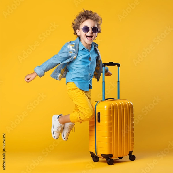 Obraz Full body photo of funny little boy, happy boy in sunglasses carrying his yellow suitcase jumping and having fun on yellow background.