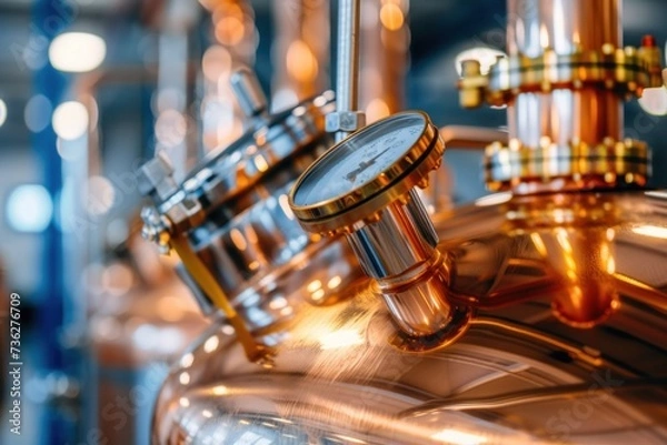 Fototapeta Craft brewery equipment: Stainless steel tanks and gauges with a focus on a pressure meter, essential for the beer brewing process in an industrial or microbrewery setting..