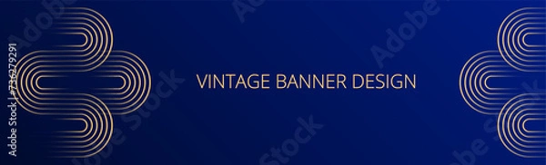 Obraz Royal blue gradient banner. Abstract background with gold wavy lines design. Vintage geometric pattern. Web banner template. Blended lines	