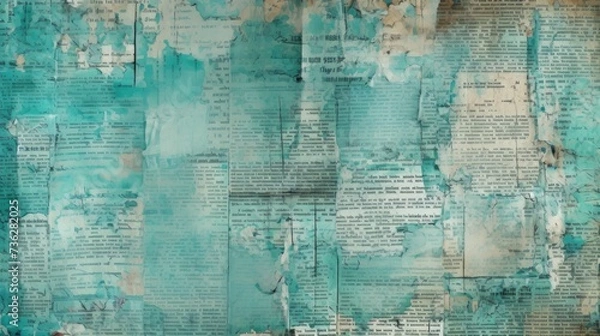 Fototapeta The background is old newspaper clippings in Turquoise color
