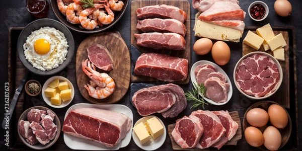 Fototapeta Carnivore's Delight of Spread of Raw Meat, Eggs, and Cheese - carnivore keto seafood diet Embracing the Zero carb  Lifestyle