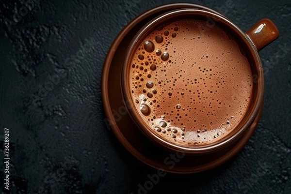 Fototapeta Top view of a cup of hot chocolate on a black background with a dark styled photograph