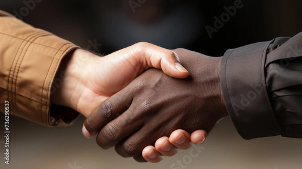 Fototapeta Close-up of a Handshake between a black hand with grey sleeve and a white hand with beige sleeve on a dark blurry background