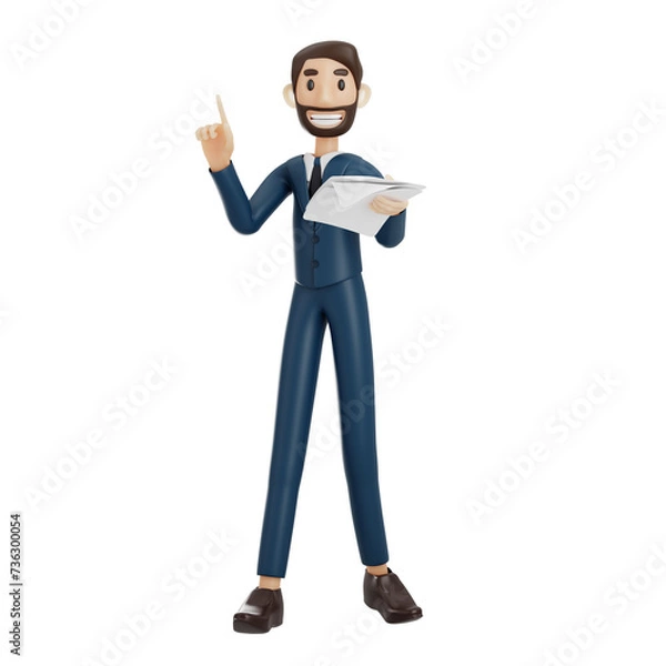 Fototapeta high-quality 3D illustration of a businessman character suitable for use on websites, apps, or similar purposes. The illustration features a handsome man in a dark blue suit.