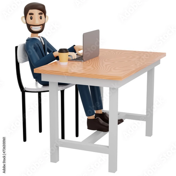 Fototapeta high-quality 3D illustration of a businessman character suitable for use on websites, apps, or similar purposes. The illustration features a handsome man in a dark blue suit.