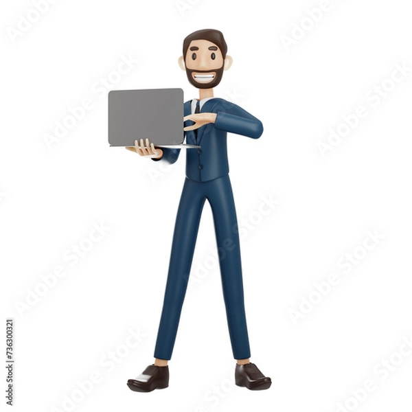 Fototapeta high-quality 3D illustration of a businessman character suitable for use on websites, apps, or similar purposes. The illustration features a handsome man in a dark blue suit.
