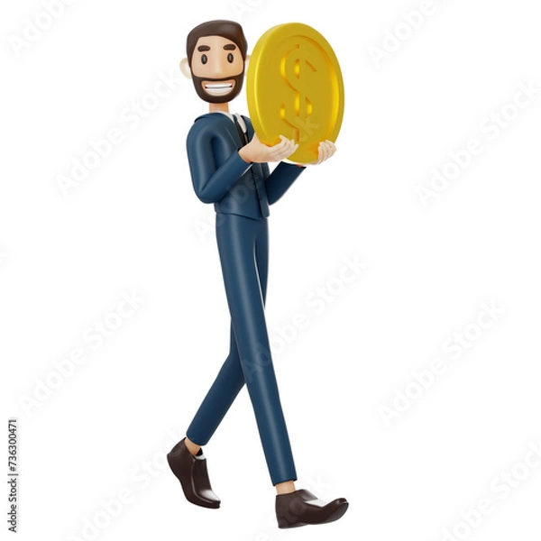 Fototapeta high-quality 3D illustration of a businessman character suitable for use on websites, apps, or similar purposes. The illustration features a handsome man in a dark blue suit.