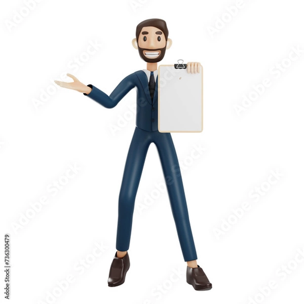 Fototapeta high-quality 3D illustration of a businessman character suitable for use on websites, apps, or similar purposes. The illustration features a handsome man in a dark blue suit.