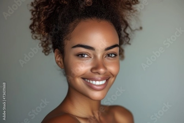 Obraz Portrait of a smiling beautiful African American woman with a clean and healthy complexion showcasing a stylish hairstyle with a bun