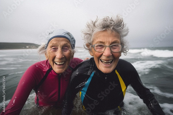Fototapeta Portrait  of smiling grope of people, 70s woman, coastline, overcast weather, wind, waves, soft lighting, winter swimming in the ocean
