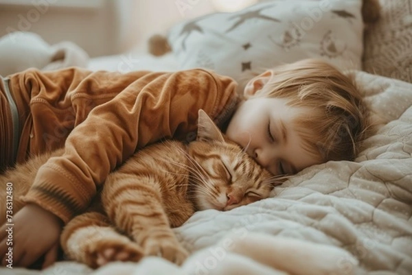 Obraz A toddler peacefully napping with a cat