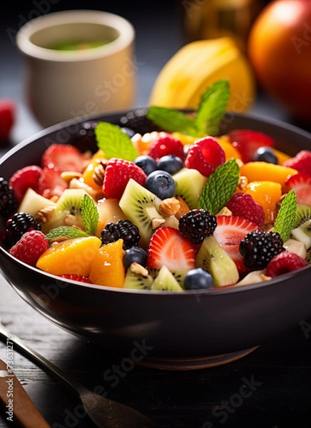 Fototapeta fruit salad with fruit and cup of green tea in the background 