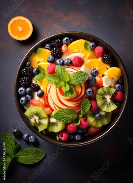 Fototapeta Fancy fruit salad in a bowl from above