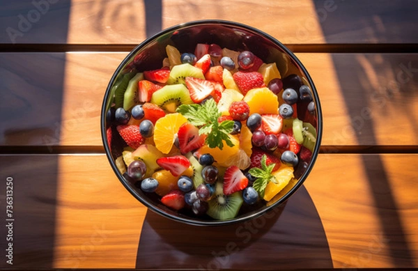Fototapeta fruit salad from above on a wooden table