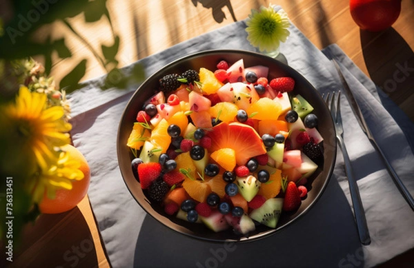 Fototapeta fruit salad on gray towel
