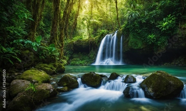 Fototapeta Waterfall hidden in the tropical jungle, amazing nature