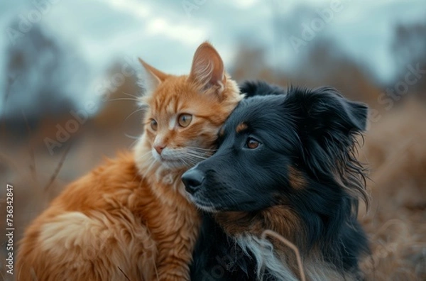 Fototapeta Cat and black dog together, gazing into distance