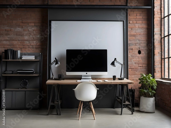 Fototapeta Computer all-in-one with a blank screen front in industrial loft office interior design.