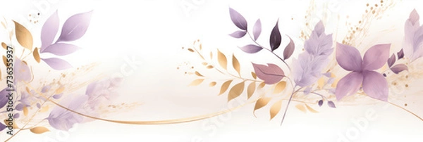 Fototapeta Floral background with purple flowers, leaves and golden elements. Vector illustration.