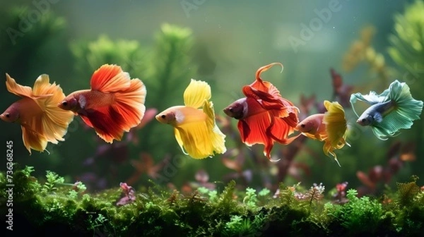 Fototapeta In the Pristine Aquarium Environment: A Grooming Betta Fish Creates a Captivating Sight