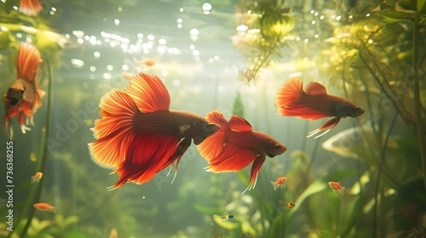 Fototapeta In the Pristine Aquarium Environment: A Grooming Betta Fish Creates a Captivating Sight