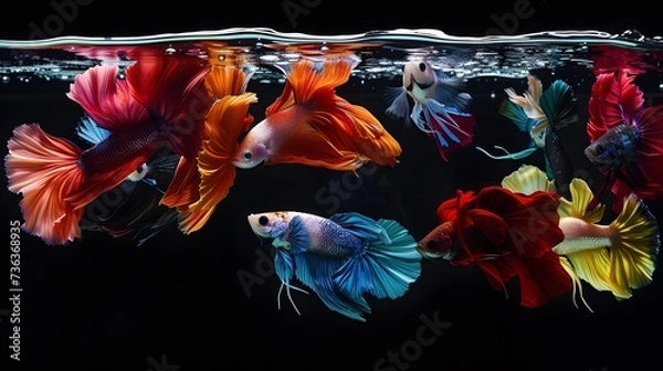 Fototapeta Beneath the Pristine Surface: A Cluster of Colorful Betta Fish Enlivens the Aquarium