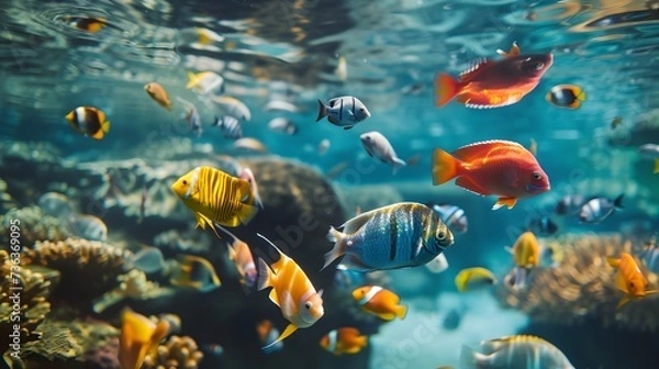 Fototapeta In the pristine waters, a mesmerizing array of ornamental fish creates a captivating underwater spectacle