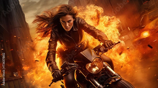 Fototapeta Action shot with black woman on the bike riding away from fire and explosion. Dynamic scene in action movie blockbuster style.