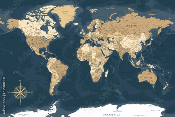 Fototapeta Mapa świata - bardzo szczegółowa mapa wektorowa świata. Idealnie dla plakatów drukowanych. Ciemnoniebieski złoty beżowy styl retro