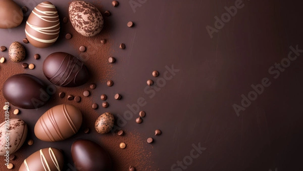 Fototapeta Easter wallpaper with chocolate eggs on a brown background with copy space