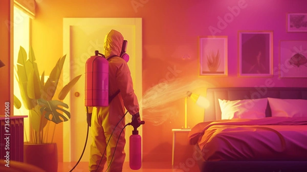 Fototapeta Faceless pest control worker in a protective suit sprays insect poison in bedroom