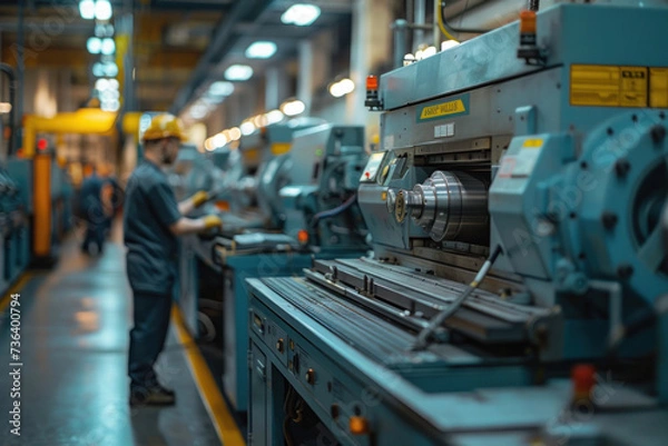 Fototapeta A team workers working at technology production factory with industrial machines