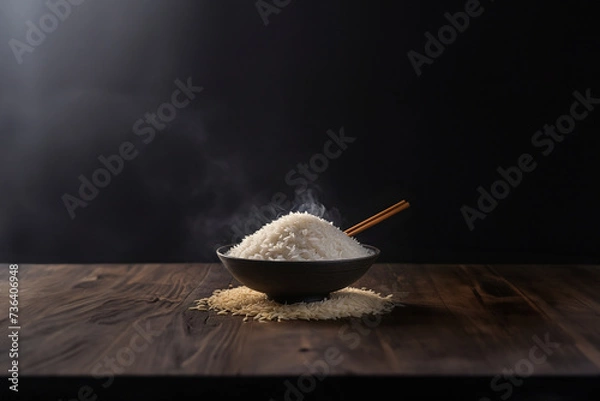Fototapeta A bowl of rice on the wooden table with dark background.