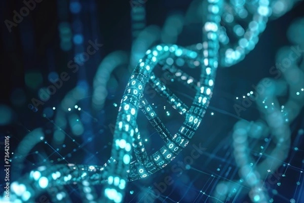 Obraz This photo captures a detailed close-up view of a blue and white architectural structure, highlighting its unique design and intricate patterns, Binary code in the shape of DNA, AI Generated