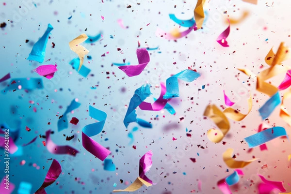 Fototapeta Colourful Confetti Celebration Background.
Floating confetti pieces on a festive background.