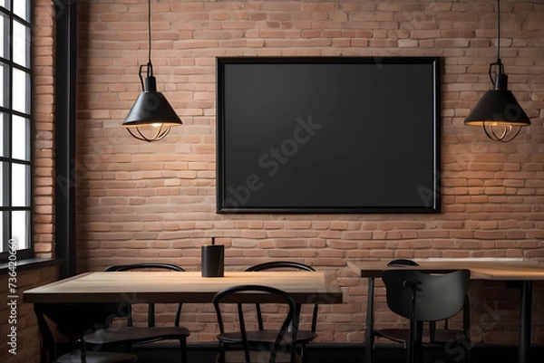 Fototapeta Front view blank black menu frame on a brick wall with lamp in loft cafe interior design, mockup 3d rendering design.