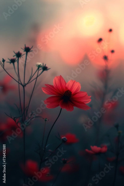 Fototapeta Red cosmos flower in the mist and fog, vertical background